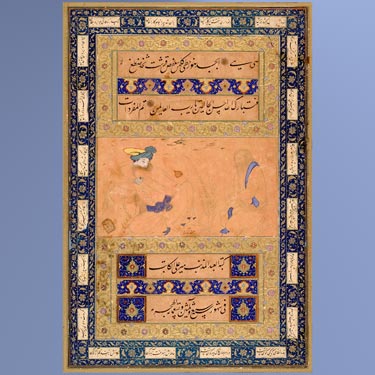 Riza i-Abbasi 
 
Youth and Elder Conversing in a Garden 
 
Gouache and gold on paper, with illuminated border by Mir-Ali Katib.
Isfahan, Iran, ca. 1605.
 
 
Smithsonian Institution,
Washington, DC. 