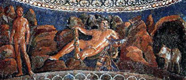 Hercules and Iolaos

Hercules and Iolaos after the capture 
of the Erymanthian boar.

Mosaic from a fountain from Neronian times (ruled 54 to 63 CE), now located in the Palazzo Massimo, Rome.