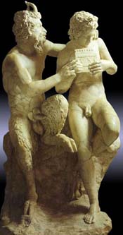 Pan and Daphnis

2nd century CE.
Marble statue of Pan teaching Daphnis to play the pipes.

Roman copy of a 2nd century BCE Greek original.

Archeological Museum, Naples.