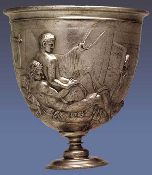 The Warren Cup
	  
Silver cup, 30 BCE - 20 CE.
Found in Asia Minor. Originally
in the collection of E.P. Warren.
British Museum, London.
