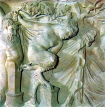 Bacchanalia

Young satyr making love to
a herm of the god Pan.

Bas-relief on a marble sarcophagus from late 2nd century CE. Originally part of the Farnese collection, now in the Archeological Museum, Naples.
