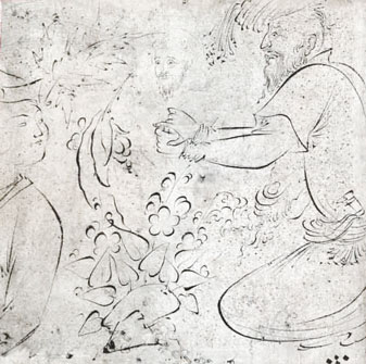 Riza i-Abbasi

Sheykh Propositioning Youth

Old man waggles tongue
and makes a suggestive gesture
to an interested youth.

Isfahan, Iran,
Safavid Dynasty, ca. 1605

Smithsonian Institution, Washington, DC.