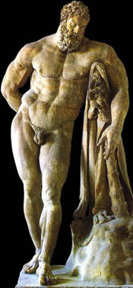 Hercules - Roman copy in marble after a Greek bronze by Lyssipus. Found in the baths of Caracalla in Rome. Museo Archeologico Nazionale, Naples.
