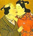 Miyakawa Choshun (1682-1753) - Jocul de Go - ca. 1850. Vopsea pe matase. Panou de pe un sul shunga, publicat in 'The Love of Samurai, A Thousand Years of Japanese Homosexuality' de Tsuneo Watanabe si Jun'ichi Iwata